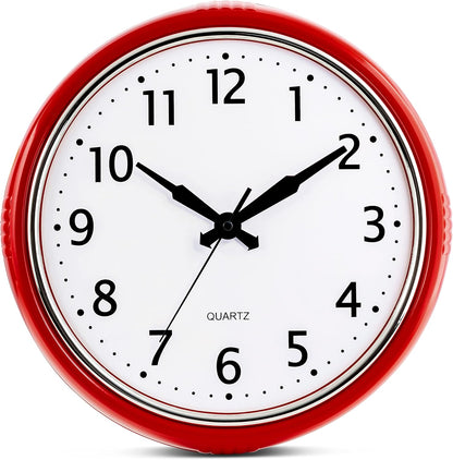 Bernhard Products Retro Wall Clock 12 Inch Red Kitchen 50's Vintage Design Round Silent Non Ticking Battery Operated Quality Quartz Clock for Home Office School or Classroom