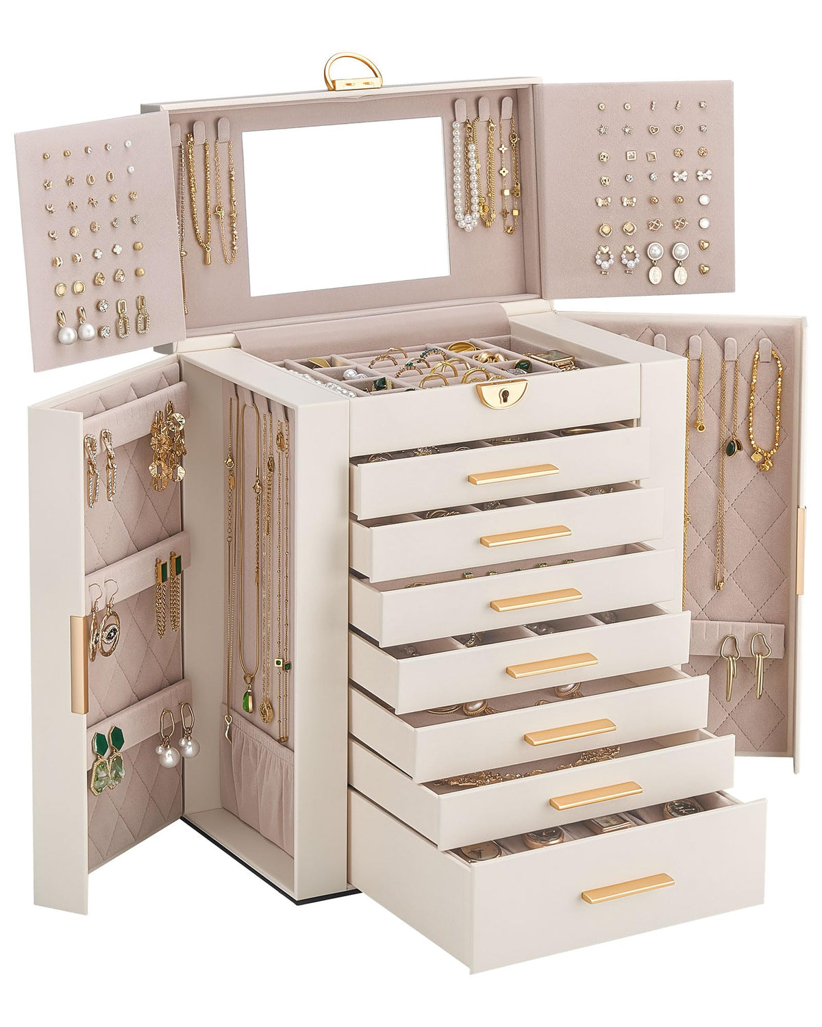 Lolalet Large Jewelry Box, 6-Layer Jewelry Organizer with 5 Drawers -Beige