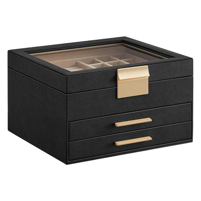 SONGMICS Jewelry Box Organizer, 3-Layer Storage with 2 Drawers, Glass Lid