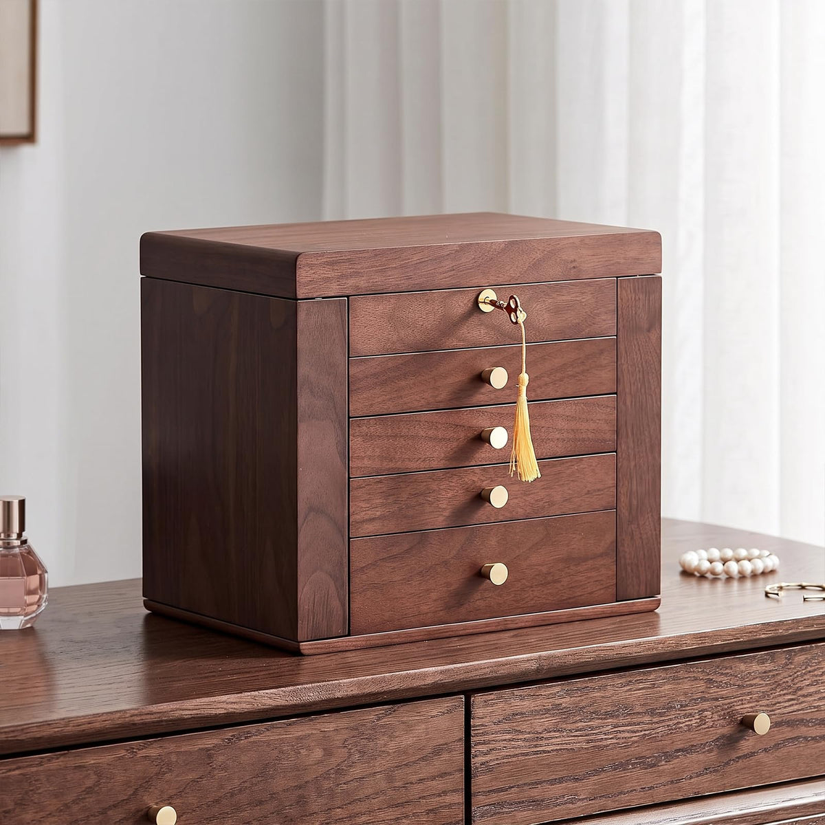 Black Walnut Wooden Jewelry Box for Women, 6 Layer