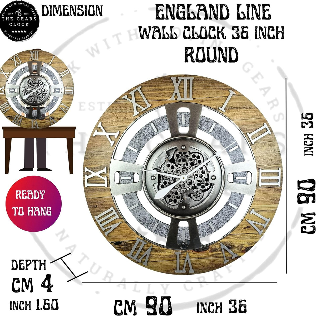 ImprovingLife The Gears Clock Real Moving Gear Wall Clock England Line (Vintage Brown, 36 inches (90 cm))