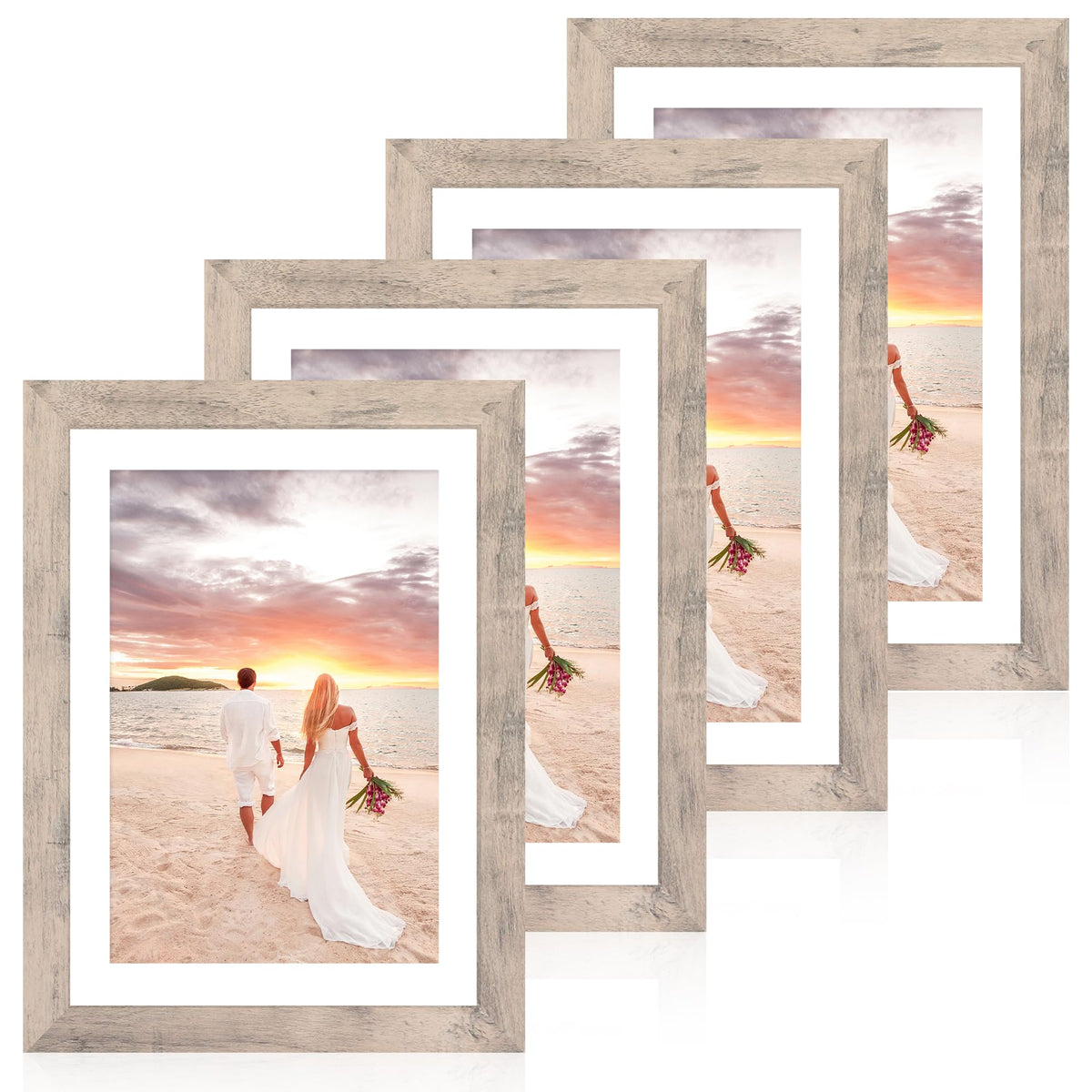 iRahmen 5x7 Picture Frame Set of 4, High Definition Real Glass Rustic Brown Frame, 5 x 7 Wood Photo Frames for Tabletop Display and Wall Mounting