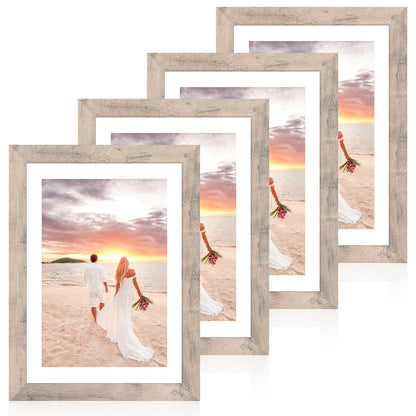 iRahmen 5x7 Picture Frame Set of 4, High Definition Real Glass Rustic Brown Frame, 5 x 7 Wood Photo Frames for Tabletop Display and Wall Mounting