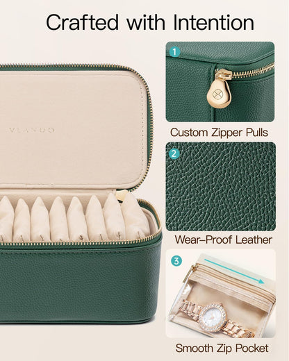 VLANDO Jewelry Boxes for Women with 12 Clear Velvet Zipper Pouches,Green