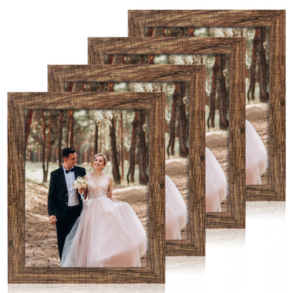 iRahmen 5x7 Picture Frame Set of 4, High Definition Real Glass Rustic Brown Frame, 5 x 7 Wood Photo Frames for Tabletop Display and Wall Mounting