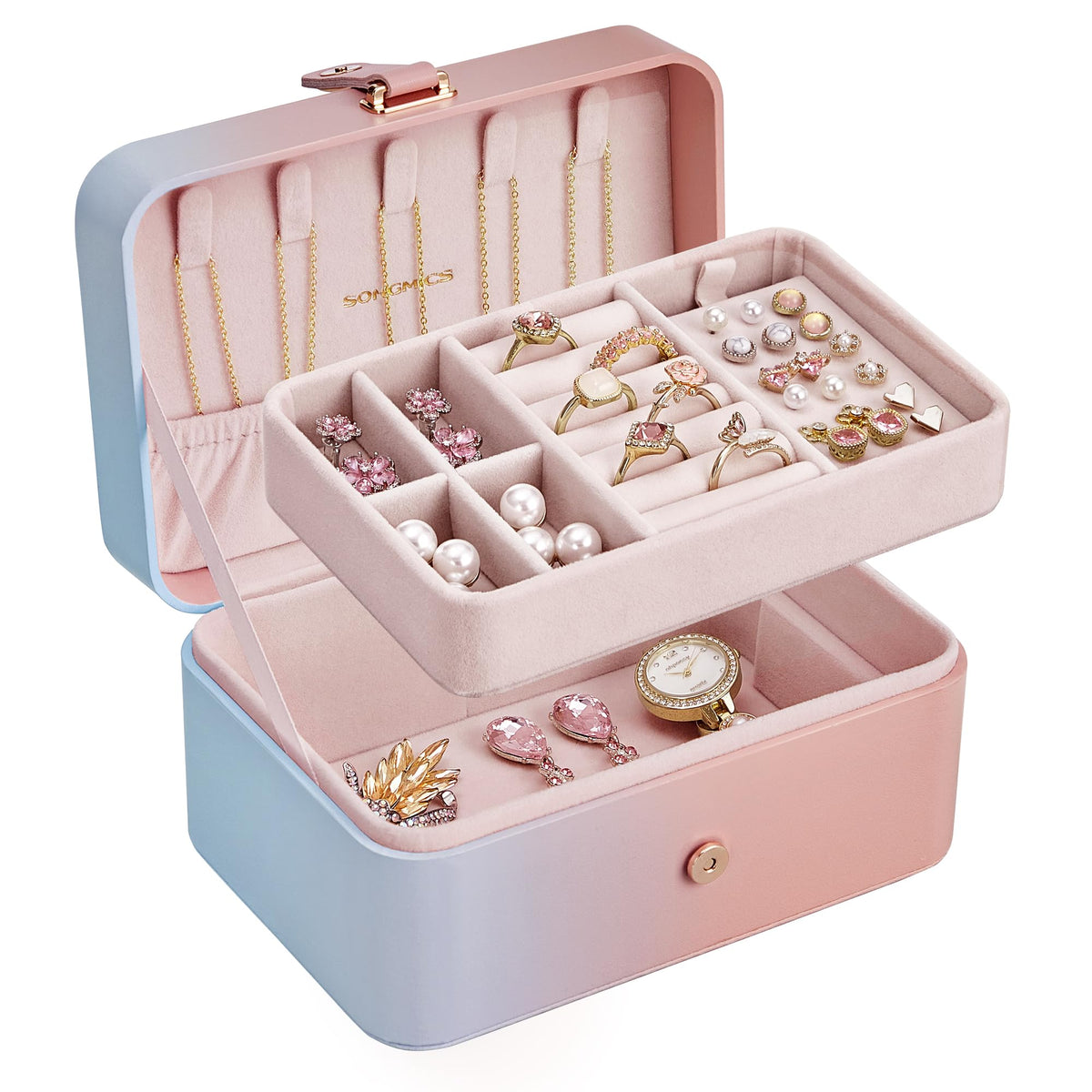 SONGMICS Travel Jewelry Organizer, 2-Layer Portable Jewelry Box Case