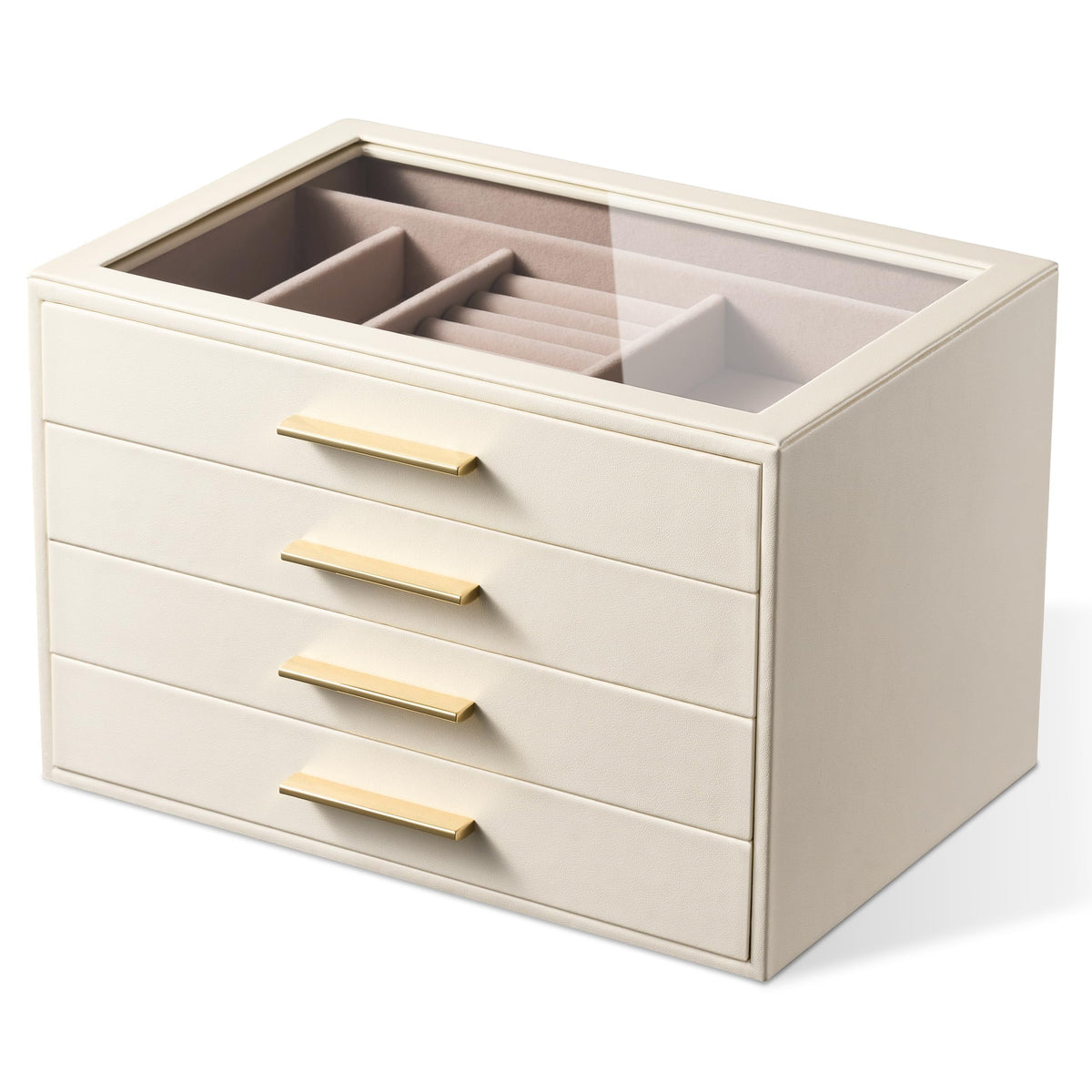Jewelry Box Organizer Storage Case, 3-Layer with Glass Window, White
