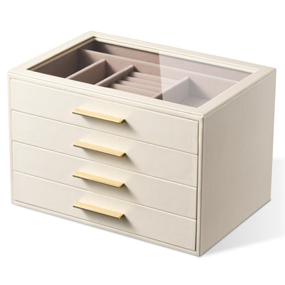 Jewelry Box Organizer Storage Case, 3-Layer with Glass Window, White
