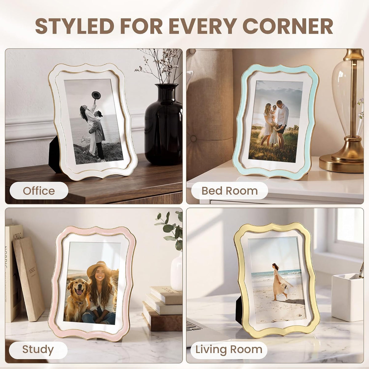 4x6 Enamel Picture Frame with HD-Tempered Glass, Display 3x5 Photo with Mat, Ornate Photo Frame with Gold Metal Edge & Velvet Back for Tabletop & Wall Mount Vertically or Horizontally Display, White