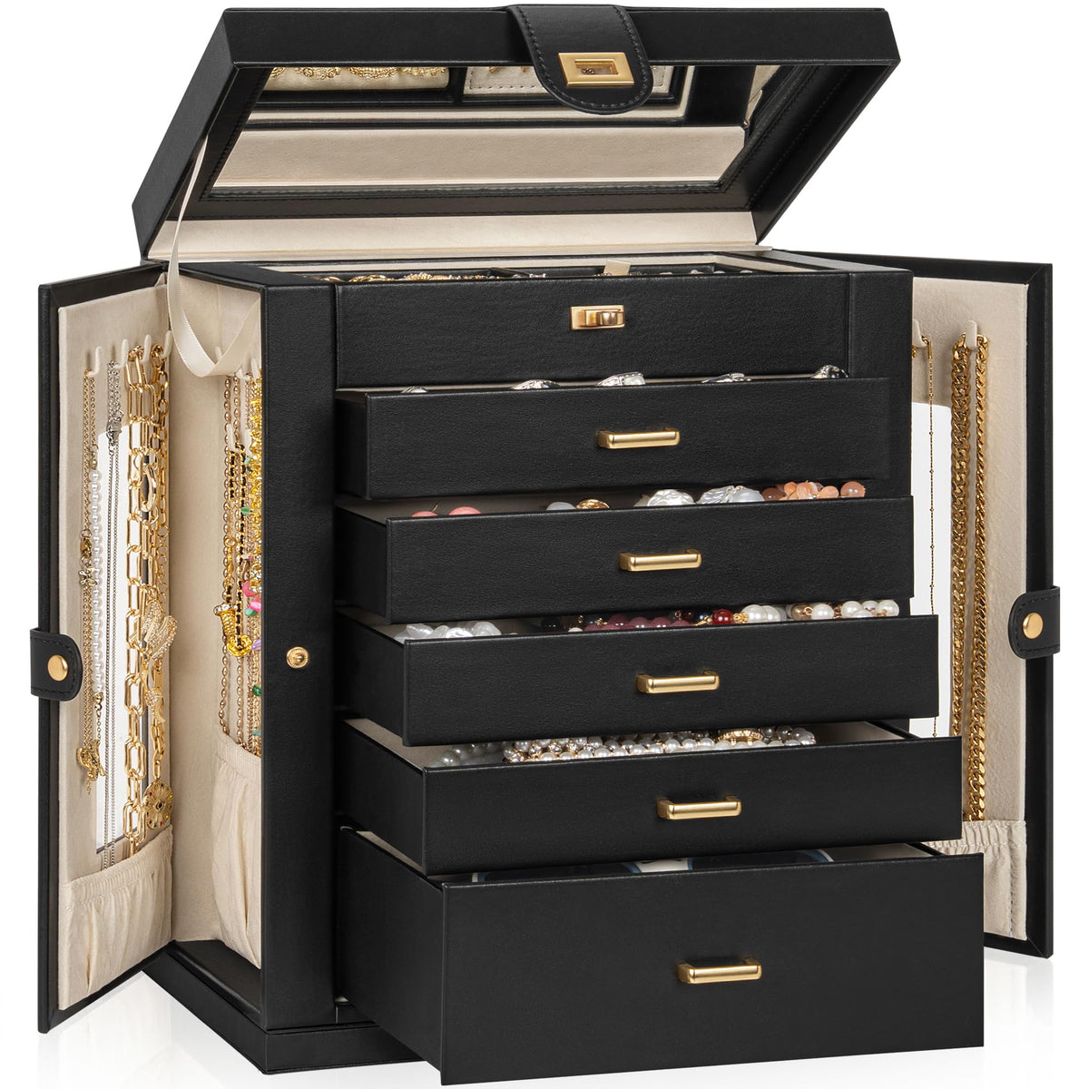 AKOZLIN 6-Tier Jewelry Box Organizer 5 Drawers Storage Black Regular