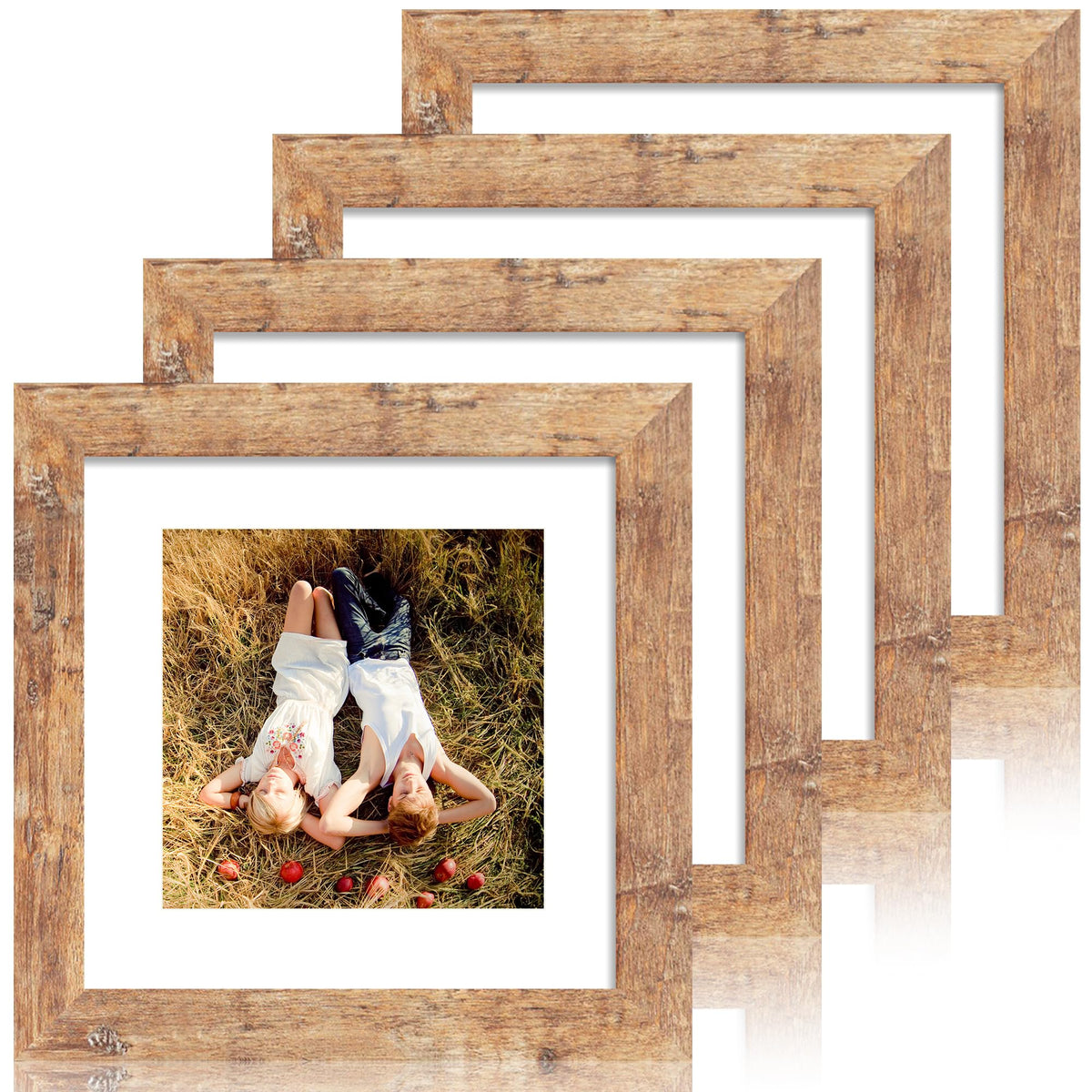 iRahmen 5x7 Picture Frame Set of 4, High Definition Real Glass Rustic Brown Frame, 5 x 7 Wood Photo Frames for Tabletop Display and Wall Mounting