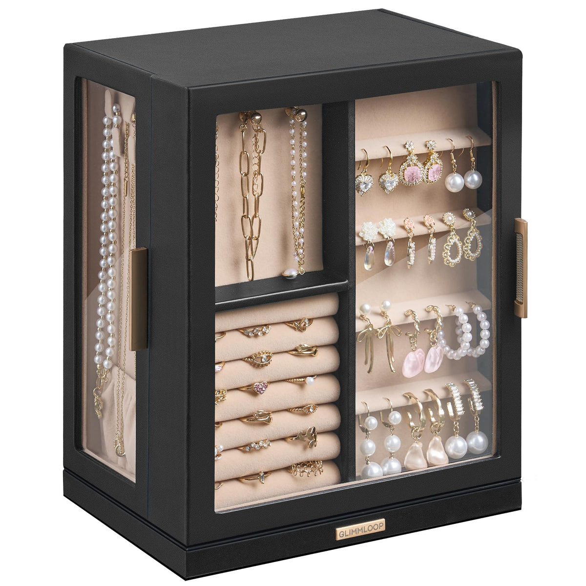 Glimmloop 360° Rotating Jewelry Box with 7 Drawers, Spacious Vertical Jewelry Organizer with Glass Window, Jewelry Storage Case, Dustproof & Moisture-resistant Design, White