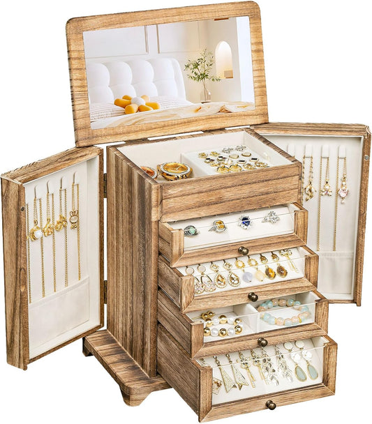 Jewelry Box for Women，Wooden Jewelry Box with 4 Clear Drawers Rustic Brown