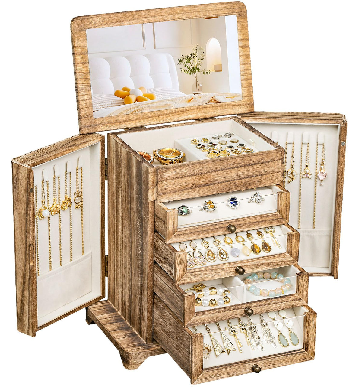 Jewelry Box for Women，Wooden Jewelry Box with 4 Clear Drawers Rustic Brown