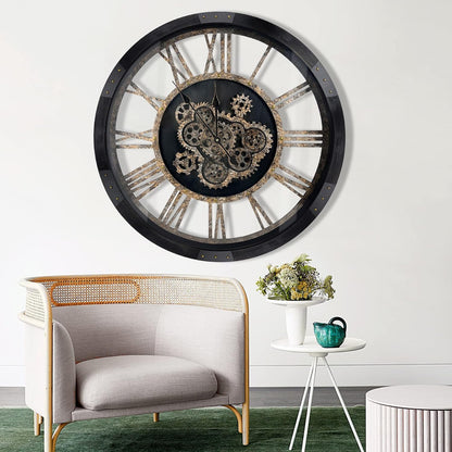 27 inch Large Real Moving Gears Wall Clock with Toughened Glass Cover, Oversized Solid Wood Retro Farmhouse Clock, Giant Decorative Rustic Wall Clock for Living Room Home Kitchen Office (Black)