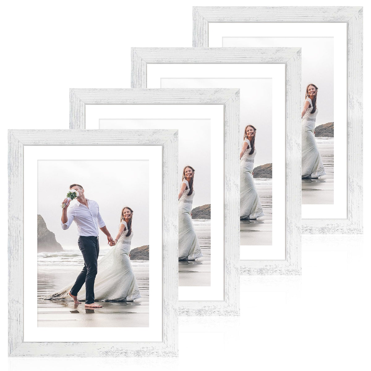 iRahmen 5x7 Picture Frame Set of 4, High Definition Real Glass Rustic Brown Frame, 5 x 7 Wood Photo Frames for Tabletop Display and Wall Mounting