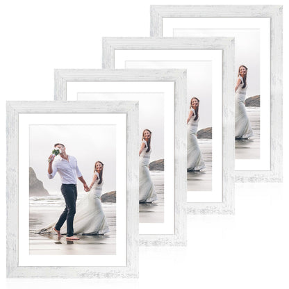 iRahmen 5x7 Picture Frame Set of 4, High Definition Real Glass Rustic Brown Frame, 5 x 7 Wood Photo Frames for Tabletop Display and Wall Mounting
