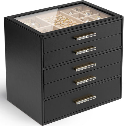 VLANDO Jewelry Box Organizer, 3-Layer Storage Drawers, Glass Window, Modern