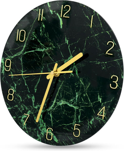 VIKMARI 12inch Emerald Green Abstract Marble Glass Wall Clock Kitchen Decor