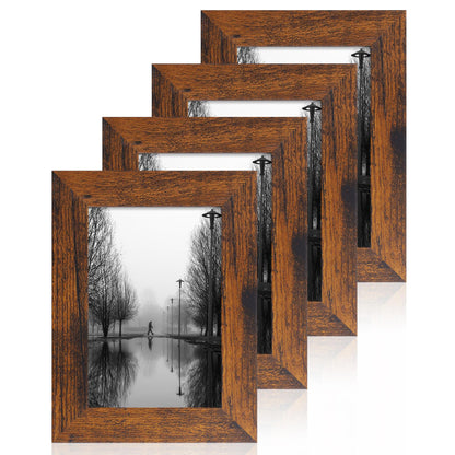 iRahmen 5x7 Picture Frame Set of 4, High Definition Real Glass Rustic Brown Frame, 5 x 7 Wood Photo Frames for Tabletop Display and Wall Mounting
