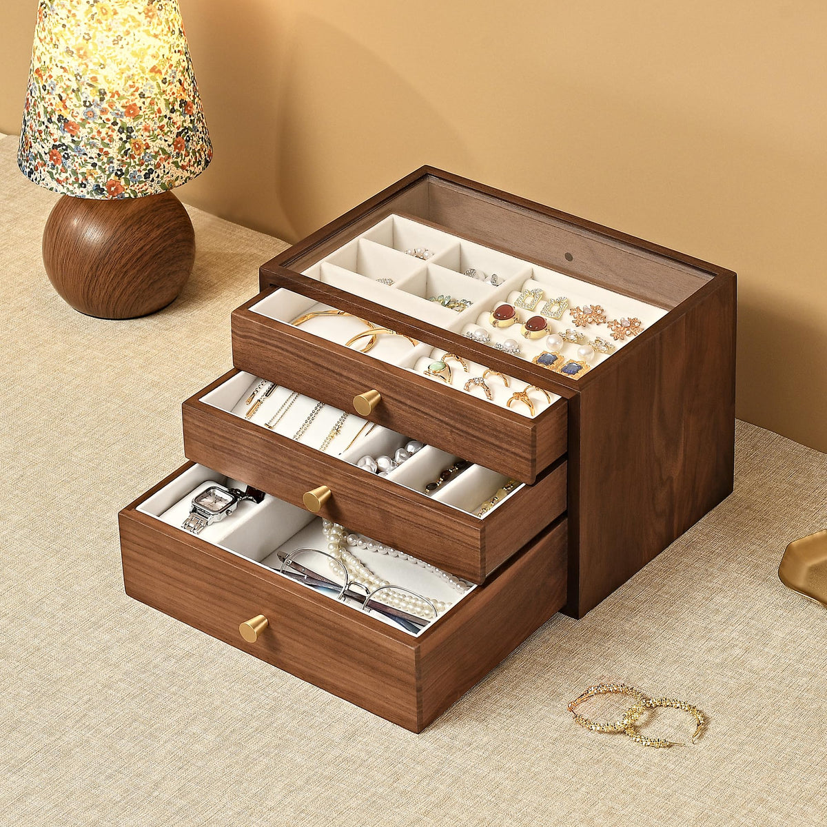 Black Walnut Wooden Jewelry Box for Women, 3 Layer Organizer with Drawer