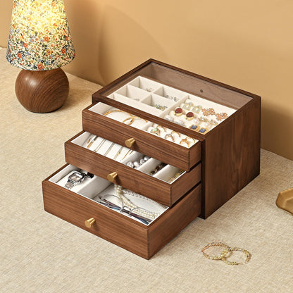 Black Walnut Wooden Jewelry Box for Women, 3 Layer Organizer with Drawer