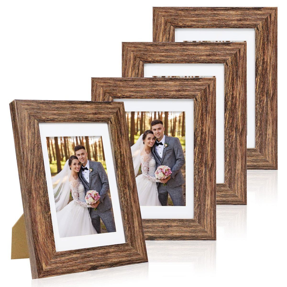 Hongkee 5x7 Picture Frame Set of 4, Real Glass and Wooden Frame, 4x6 Mat