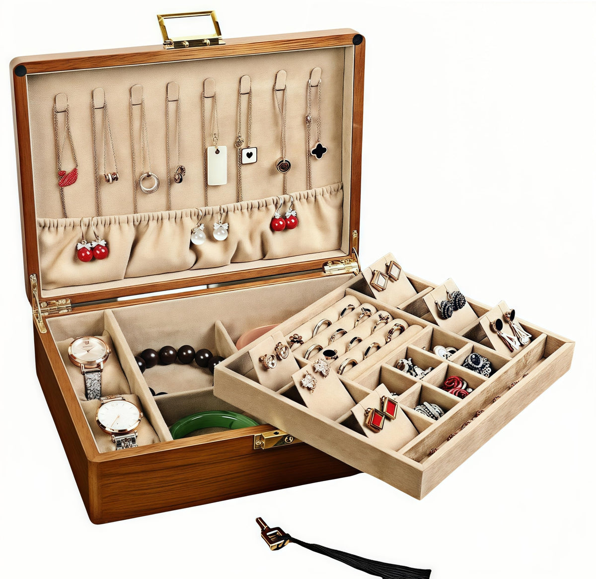 2 Layer Anti Tarnish Solid Wood Jewelry Organizer Box with Lock