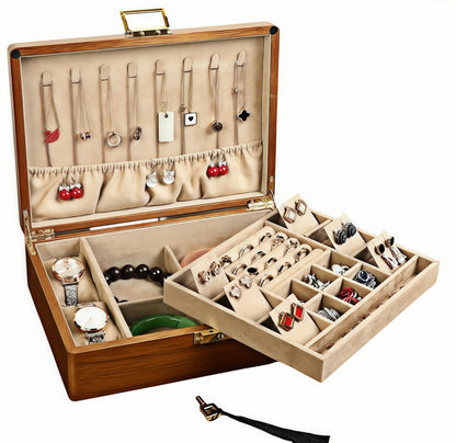 2 Layer Anti Tarnish Solid Wood Jewelry Organizer Box with Lock