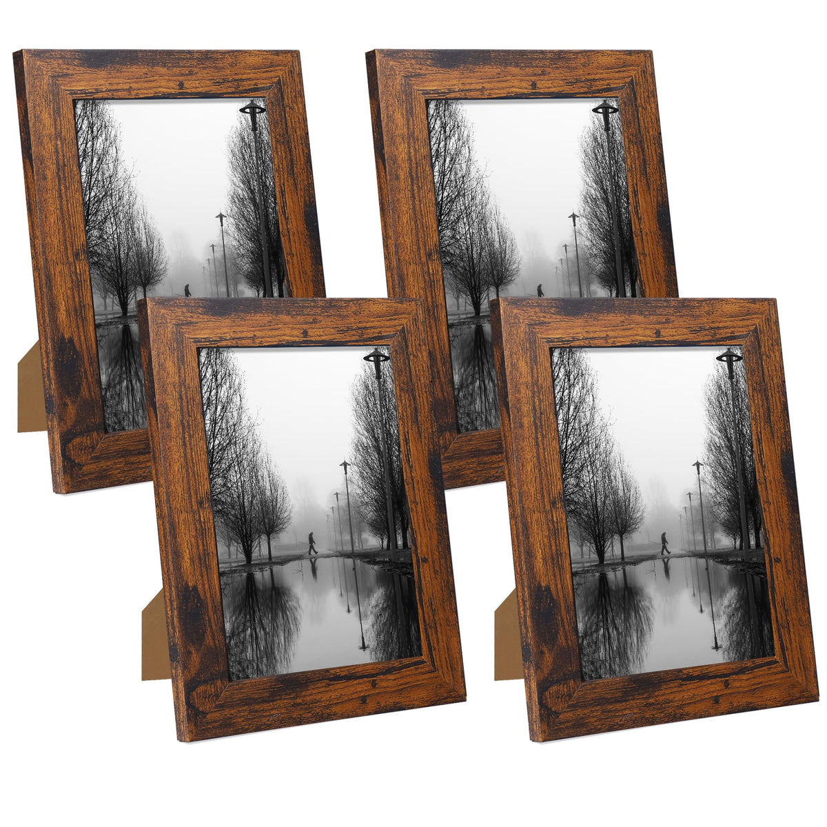 iRahmen 5x7 Picture Frame Set of 4, High Definition Real Glass Rustic Brown Frame, 5 x 7 Wood Photo Frames for Tabletop Display and Wall Mounting