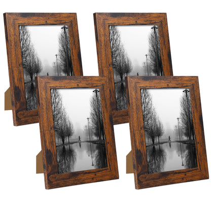 iRahmen 5x7 Picture Frame Set of 4, High Definition Real Glass Rustic Brown Frame, 5 x 7 Wood Photo Frames for Tabletop Display and Wall Mounting