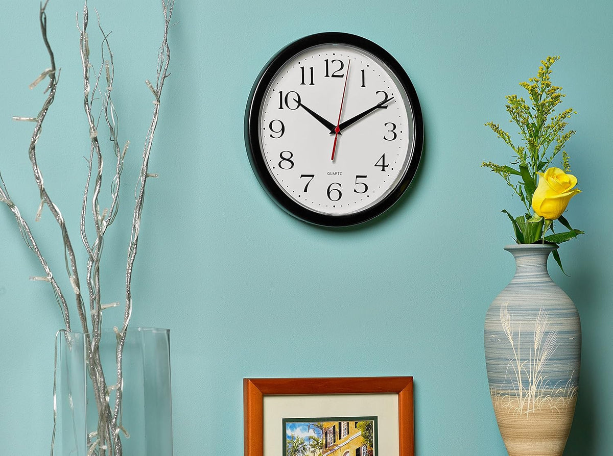 Bernhard Products Black Wall Clock Silent Non Ticking 10 Inch Quality Quartz Battery Operated Round Easy to Read Home/Office/Kitchen/Classroom/School Clock Sweep Movement