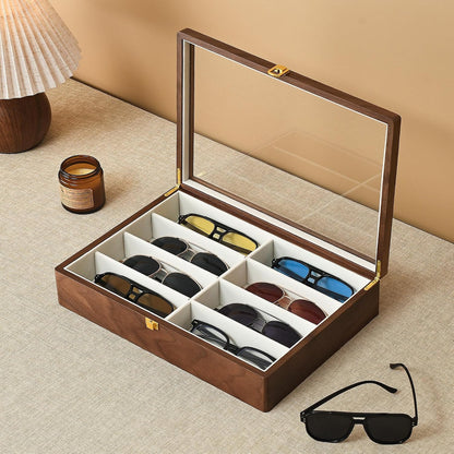 Black Walnut Sunglasses Organizer, 8 Slot Wooden Eyeglass Case for Men