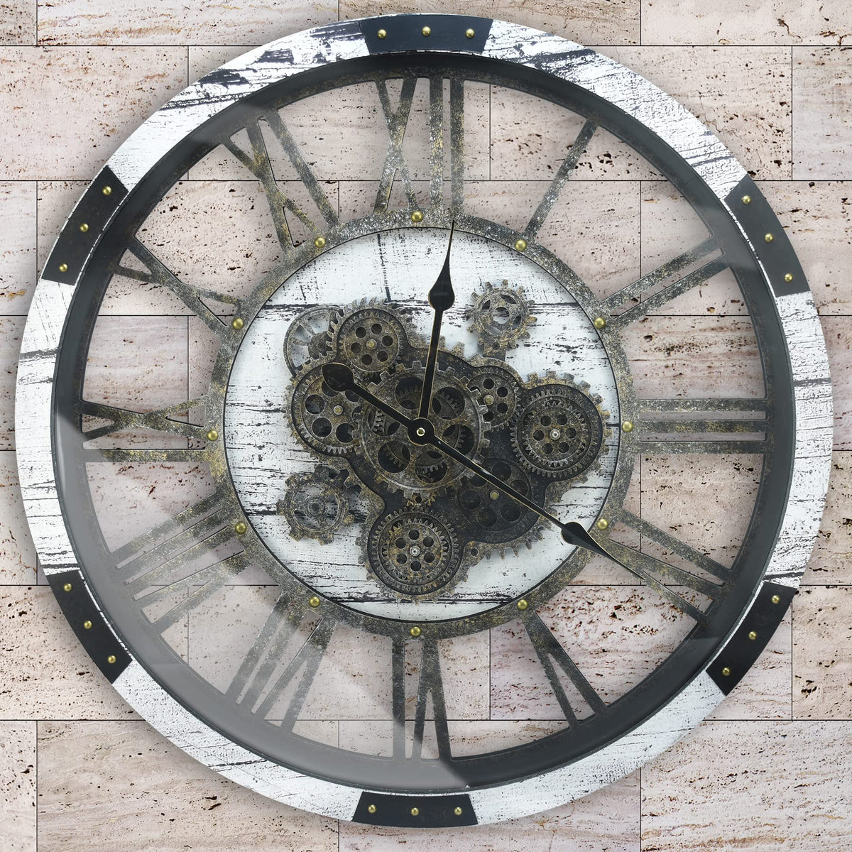 27 inch Large Real Moving Gears Wall Clock with Toughened Glass Cover, Oversized Solid Wood Retro Farmhouse Clock, Giant Decorative Rustic Wall Clock for Living Room Home Kitchen Office (Black)