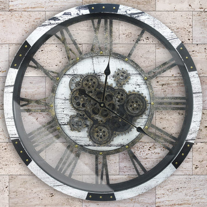 27 inch Large Real Moving Gears Wall Clock with Toughened Glass Cover, Oversized Solid Wood Retro Farmhouse Clock, Giant Decorative Rustic Wall Clock for Living Room Home Kitchen Office (Black)