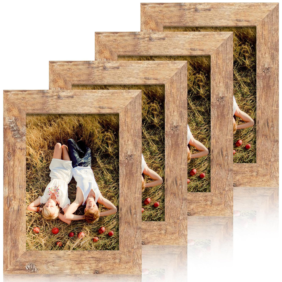 iRahmen 5x7 Picture Frame Set of 4, High Definition Real Glass Rustic Brown Frame, 5 x 7 Wood Photo Frames for Tabletop Display and Wall Mounting