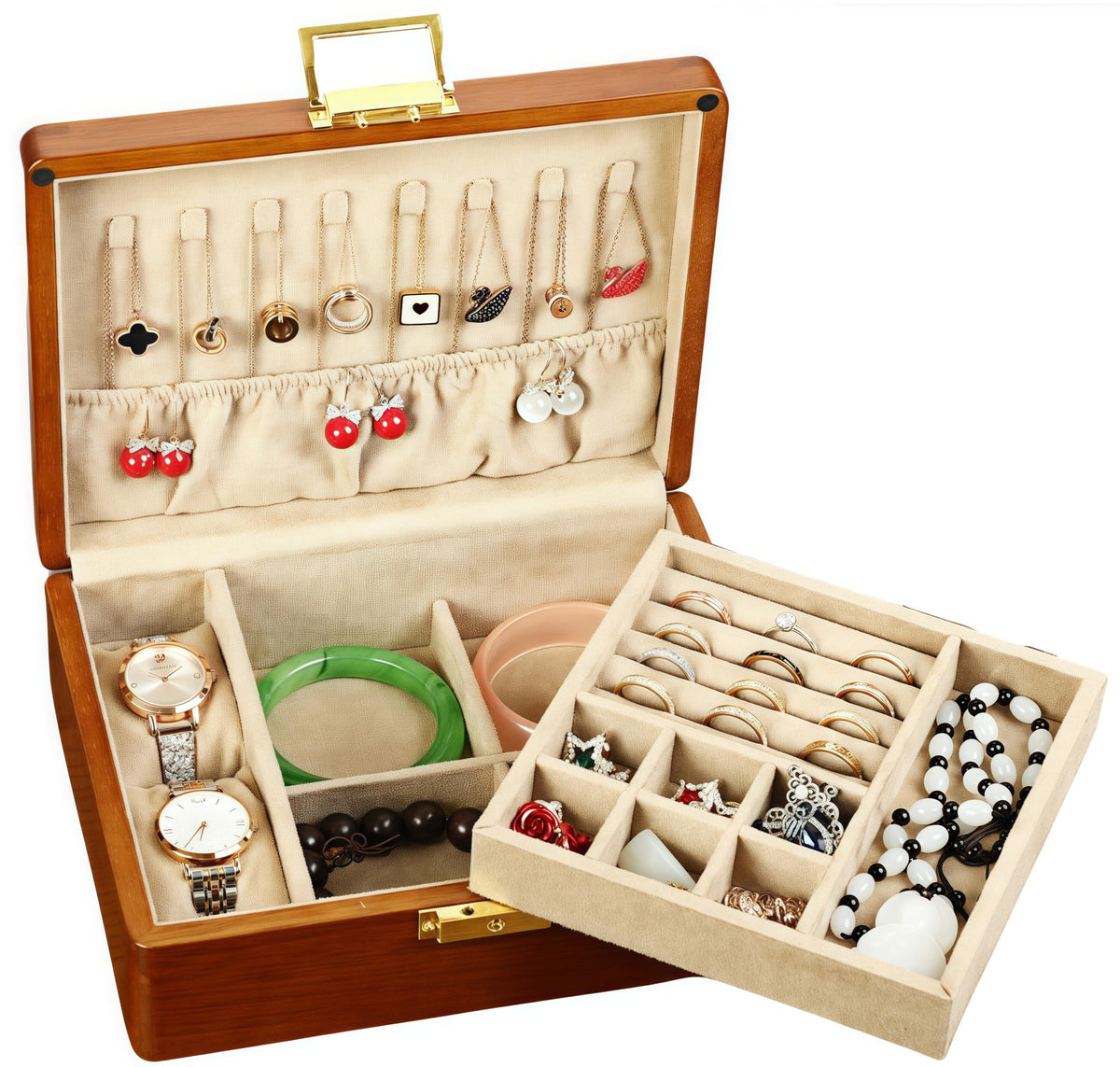2 Layer Anti Tarnish Solid Wood Jewelry Organizer Box with Lock