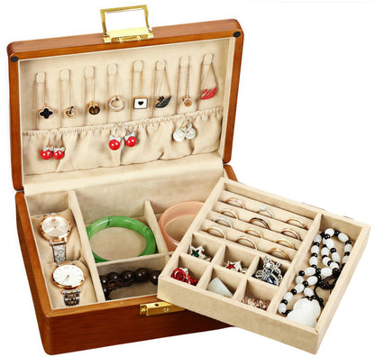 2 Layer Anti Tarnish Solid Wood Jewelry Organizer Box with Lock