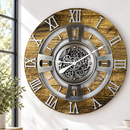 ImprovingLife The Gears Clock Real Moving Gear Wall Clock England Line (Vintage Brown, 36 inches (90 cm))