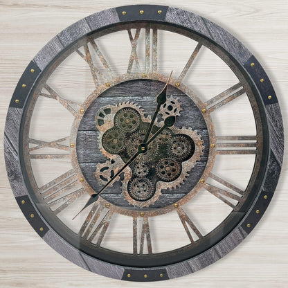 27 inch Large Real Moving Gears Wall Clock with Toughened Glass Cover, Oversized Solid Wood Retro Farmhouse Clock, Giant Decorative Rustic Wall Clock for Living Room Home Kitchen Office (Black)