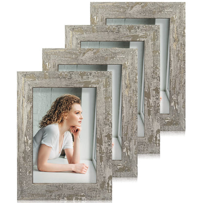 iRahmen 5x7 Picture Frame Set of 4, High Definition Real Glass Rustic Brown Frame, 5 x 7 Wood Photo Frames for Tabletop Display and Wall Mounting