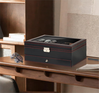 Kukikan Mens Jewelry Box Organizer, 6 Watch Slots & 3 Sunglasses -Black