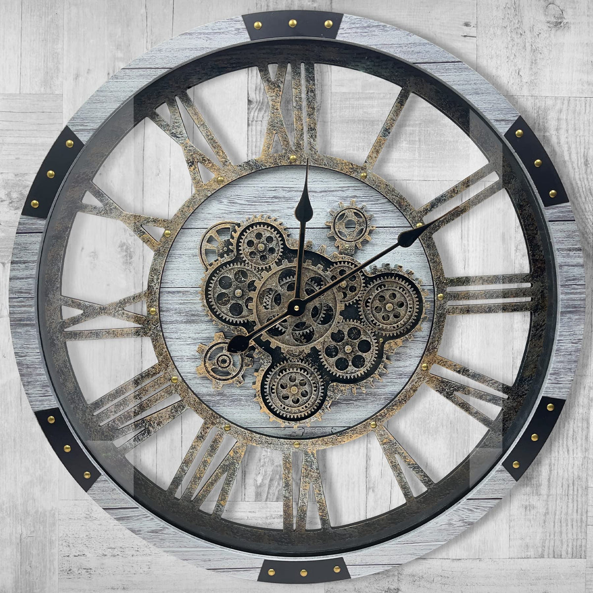 27 inch Large Real Moving Gears Wall Clock with Toughened Glass Cover, Oversized Solid Wood Retro Farmhouse Clock, Giant Decorative Rustic Wall Clock for Living Room Home Kitchen Office (Black)