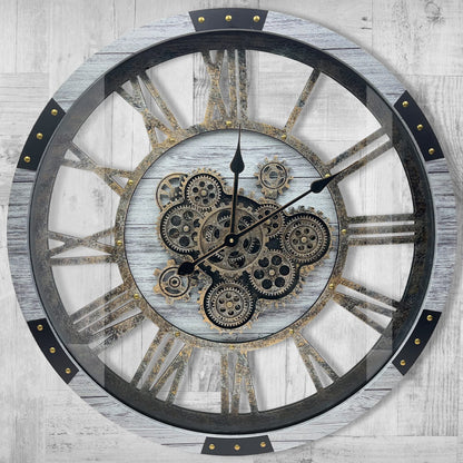 27 inch Large Real Moving Gears Wall Clock with Toughened Glass Cover, Oversized Solid Wood Retro Farmhouse Clock, Giant Decorative Rustic Wall Clock for Living Room Home Kitchen Office (Black)