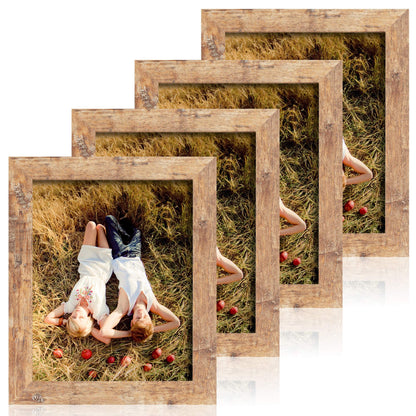 iRahmen 5x7 Picture Frame Set of 4, High Definition Real Glass Rustic Brown Frame, 5 x 7 Wood Photo Frames for Tabletop Display and Wall Mounting
