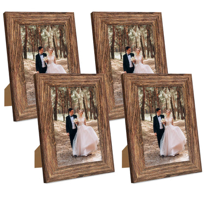iRahmen 5x7 Picture Frame Set of 4, High Definition Real Glass Rustic Brown Frame, 5 x 7 Wood Photo Frames for Tabletop Display and Wall Mounting