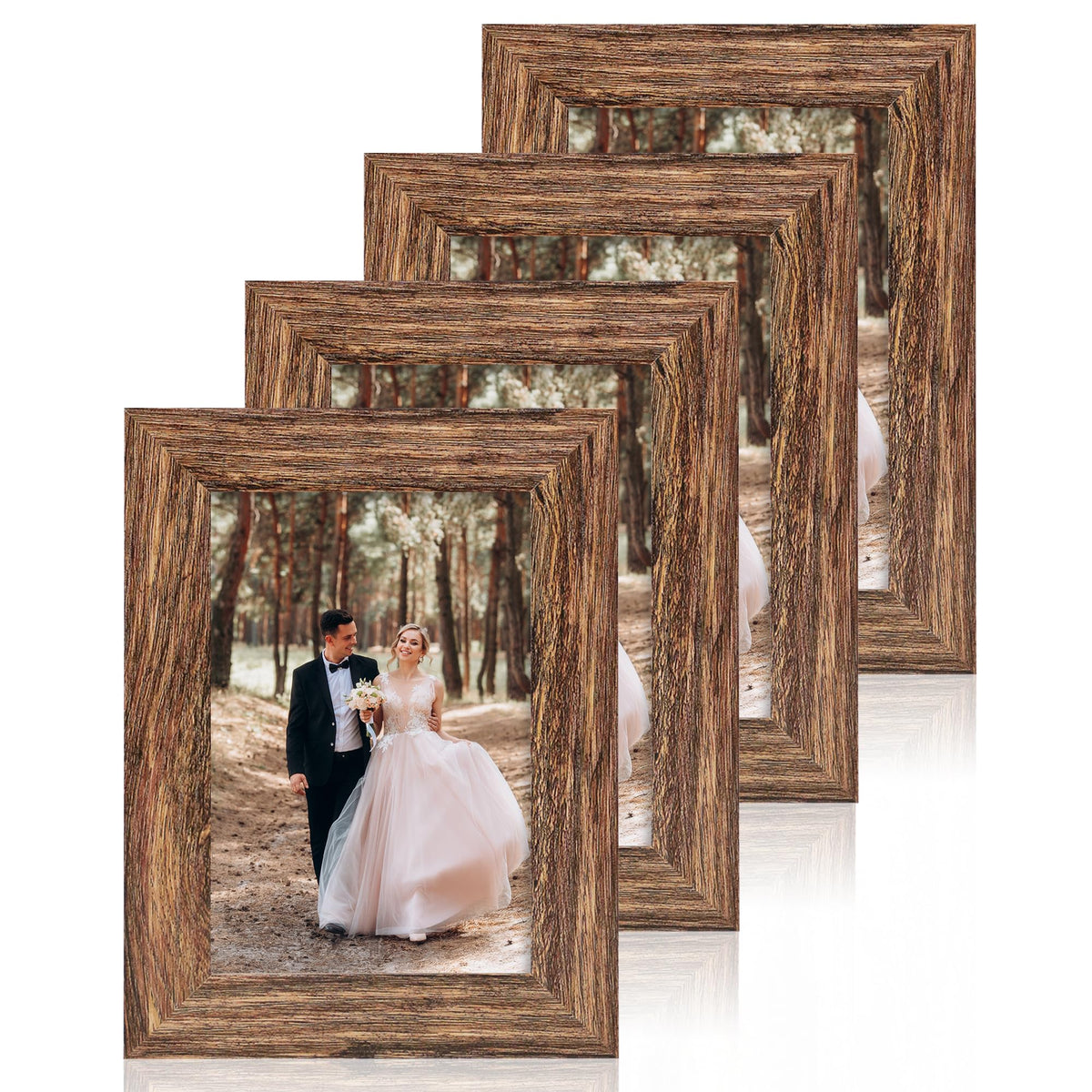 iRahmen 5x7 Picture Frame Set of 4, High Definition Real Glass Rustic Brown Frame, 5 x 7 Wood Photo Frames for Tabletop Display and Wall Mounting