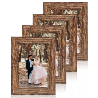 iRahmen 5x7 Picture Frame Set of 4, High Definition Real Glass Rustic Brown Frame, 5 x 7 Wood Photo Frames for Tabletop Display and Wall Mounting