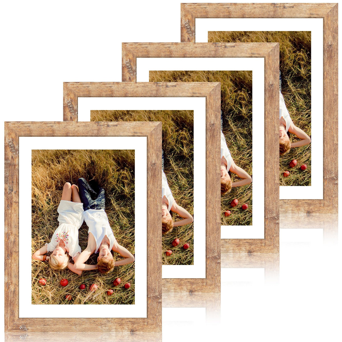 iRahmen 5x7 Picture Frame Set of 4, High Definition Real Glass Rustic Brown Frame, 5 x 7 Wood Photo Frames for Tabletop Display and Wall Mounting