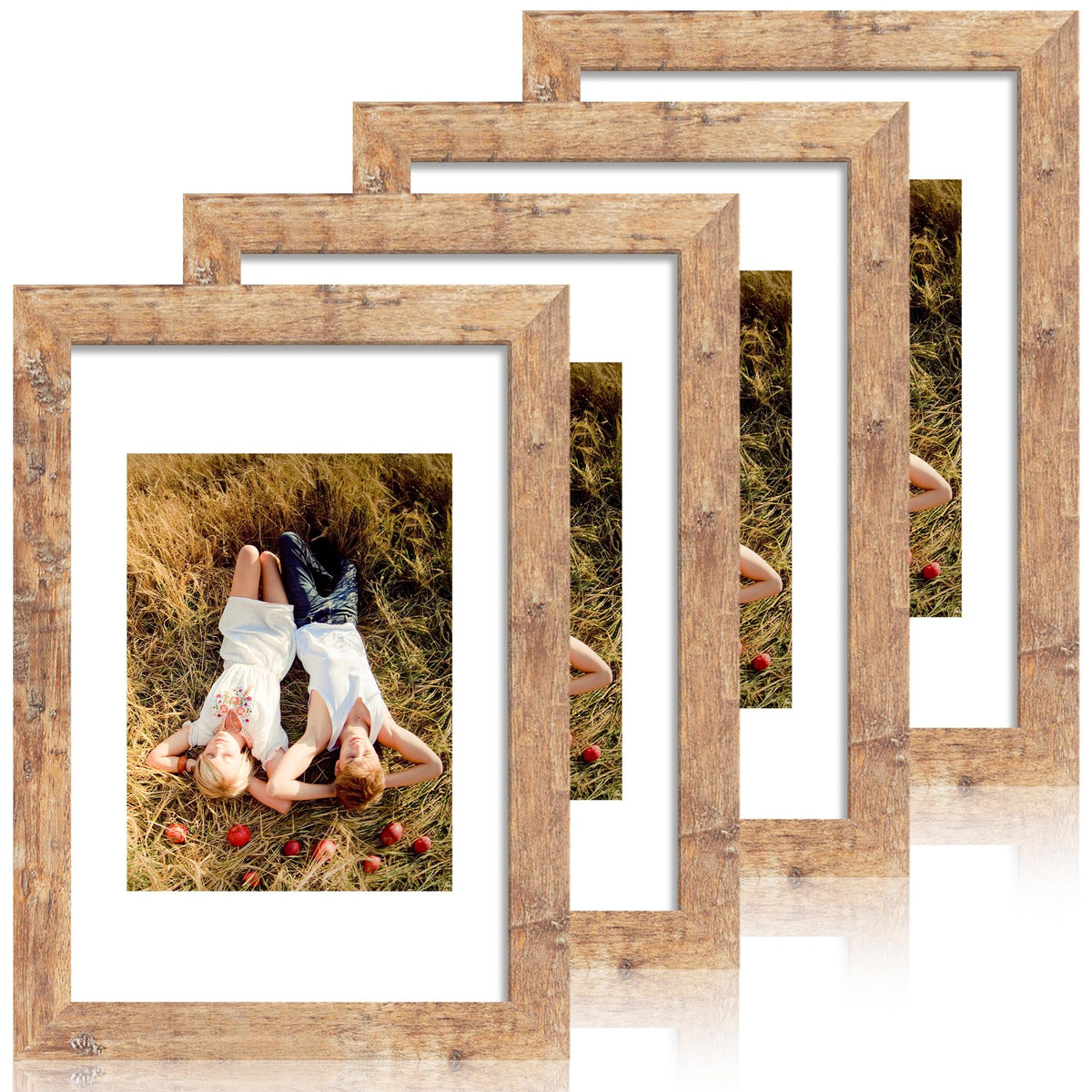iRahmen 5x7 Picture Frame Set of 4, High Definition Real Glass Rustic Brown Frame, 5 x 7 Wood Photo Frames for Tabletop Display and Wall Mounting